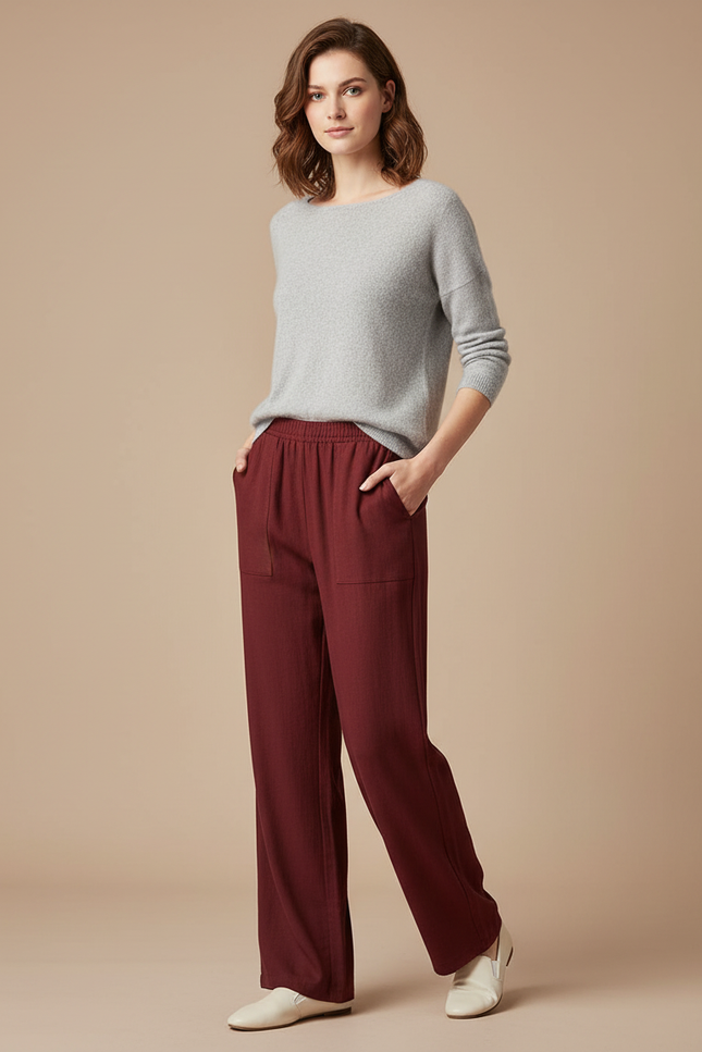 Pantalon Chinois Bordeaux Ample Fluide Décontracté Femme - Viscose