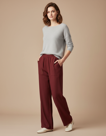 Pantalon Chinois Bordeaux Ample Fluide Décontracté Femme - Viscose