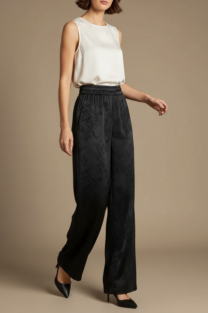 Pantalon Chinois Noir Jacquard Fluide Ample Élégant - Satin