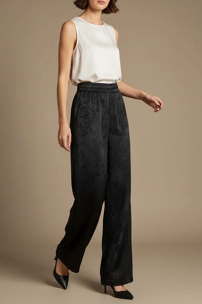 Pantalon Chinois Noir Jacquard Fluide Ample Élégant - Satin