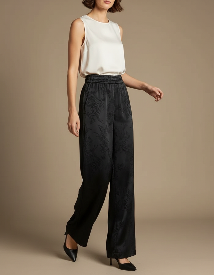 Pantalon Chinois Noir Jacquard Fluide Ample Élégant - Satin