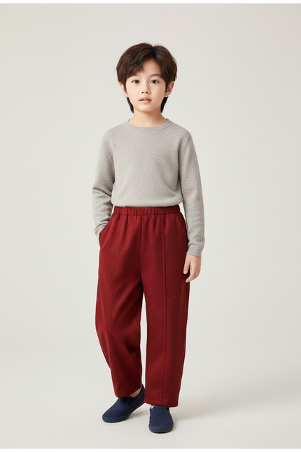 Pantalon Chinois Rouge Ample Élastique Hiver Enfant - Bordeaux Laine