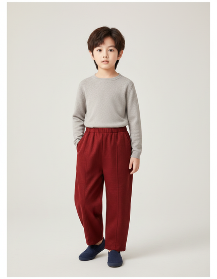 Pantalon Chinois Rouge Ample Élastique Hiver Enfant - Bordeaux Laine