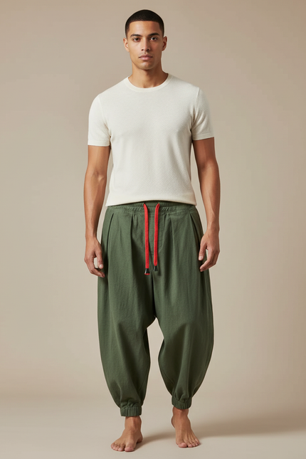 Pantalon Chinois Harem Vert Ample Coton Décontracté - Kaki