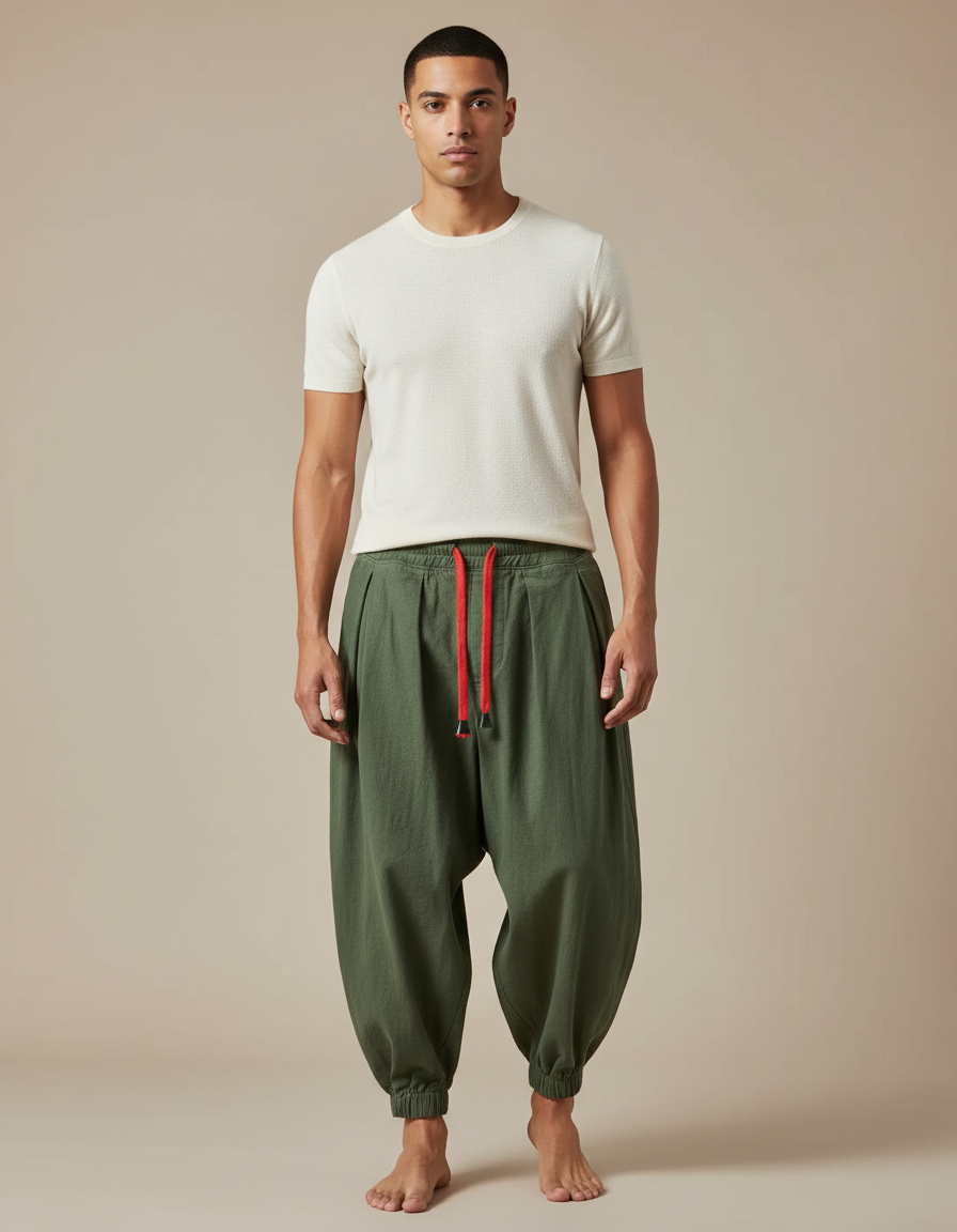 Pantalon Chinois Harem Vert Ample Coton Décontracté - Kaki