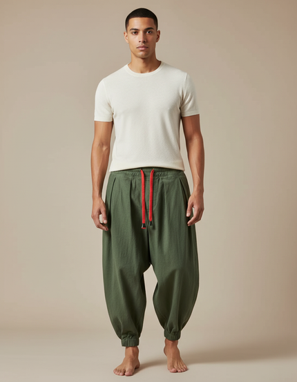 Pantalon Chinois Harem Vert Ample Coton Décontracté - Kaki