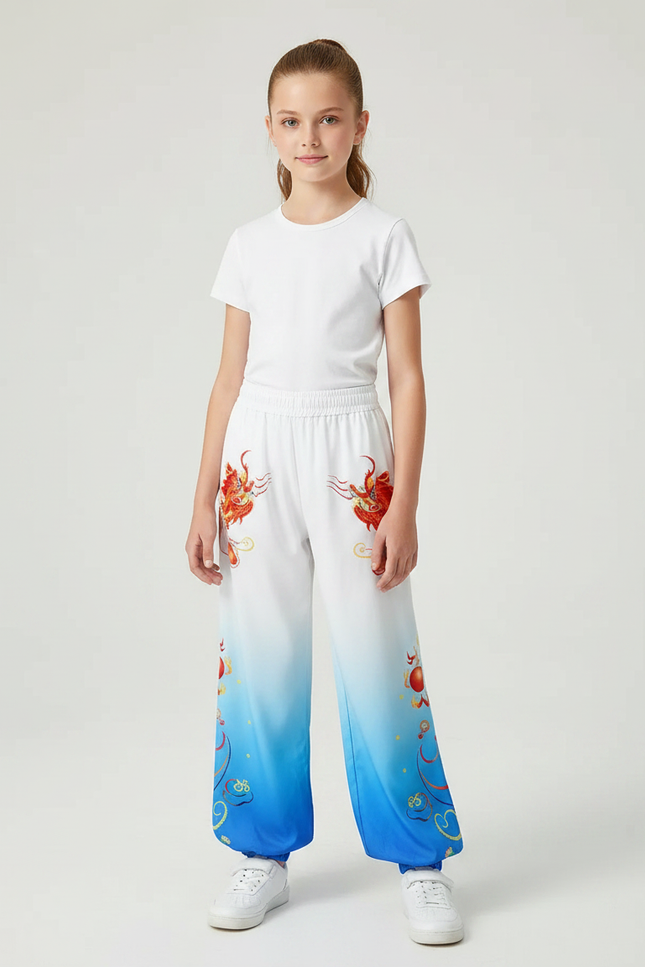 Pantalon Chinois Blanc Bleu Dégradé Dragon Enfant - Multicolore Polyester