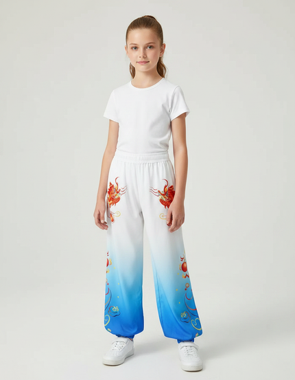 Pantalon Chinois Blanc Bleu Dégradé Dragon Enfant - Multicolore Polyester