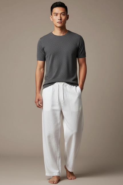 Pantalon Chinois Lin Ample Blanc Décontracté Homme