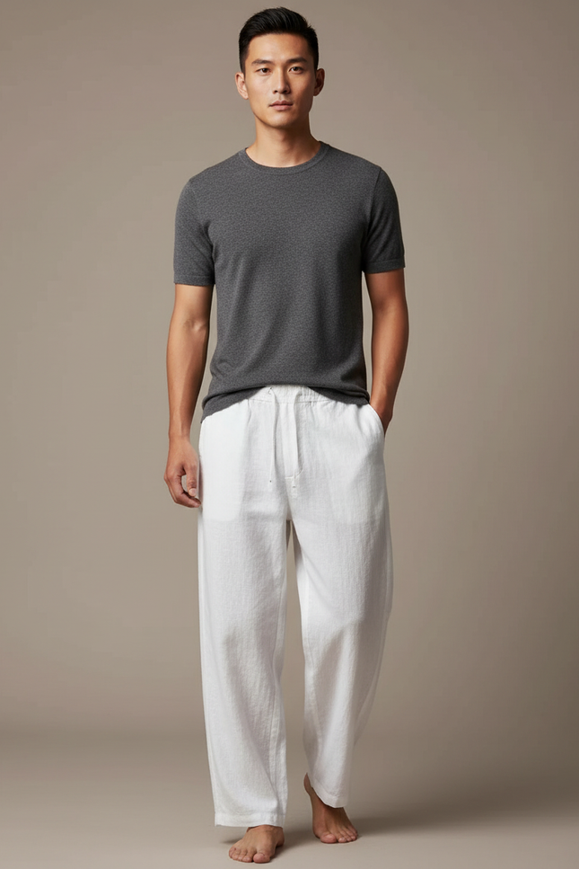 Pantalon Chinois Lin Ample Blanc Décontracté Homme