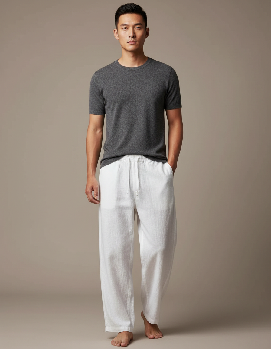 Pantalon Chinois Lin Ample Blanc Décontracté Homme