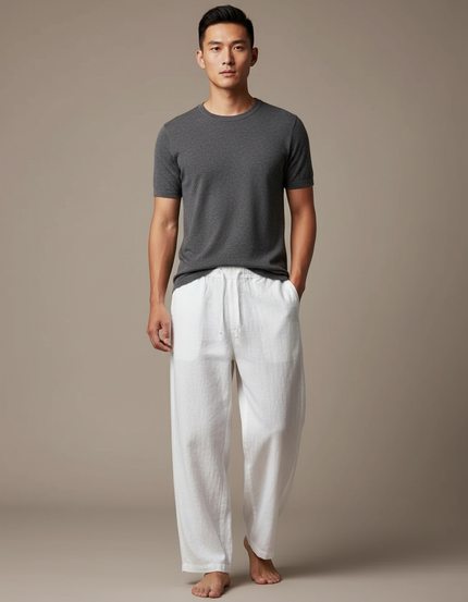 Pantalon Chinois Lin Ample Blanc Décontracté Homme