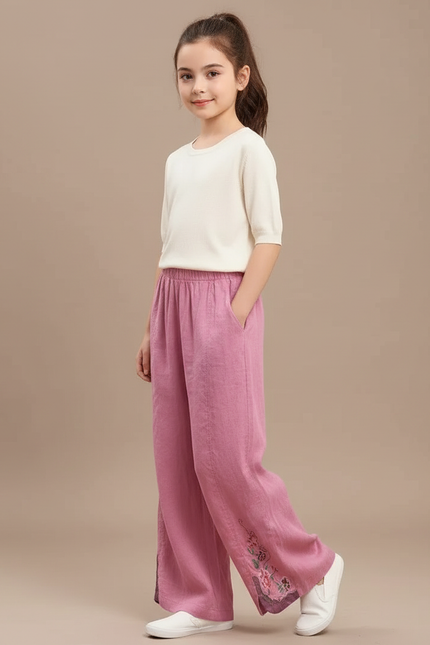 Pantalon Chinois Rose Brodé Lin Ample Fille Décontracté