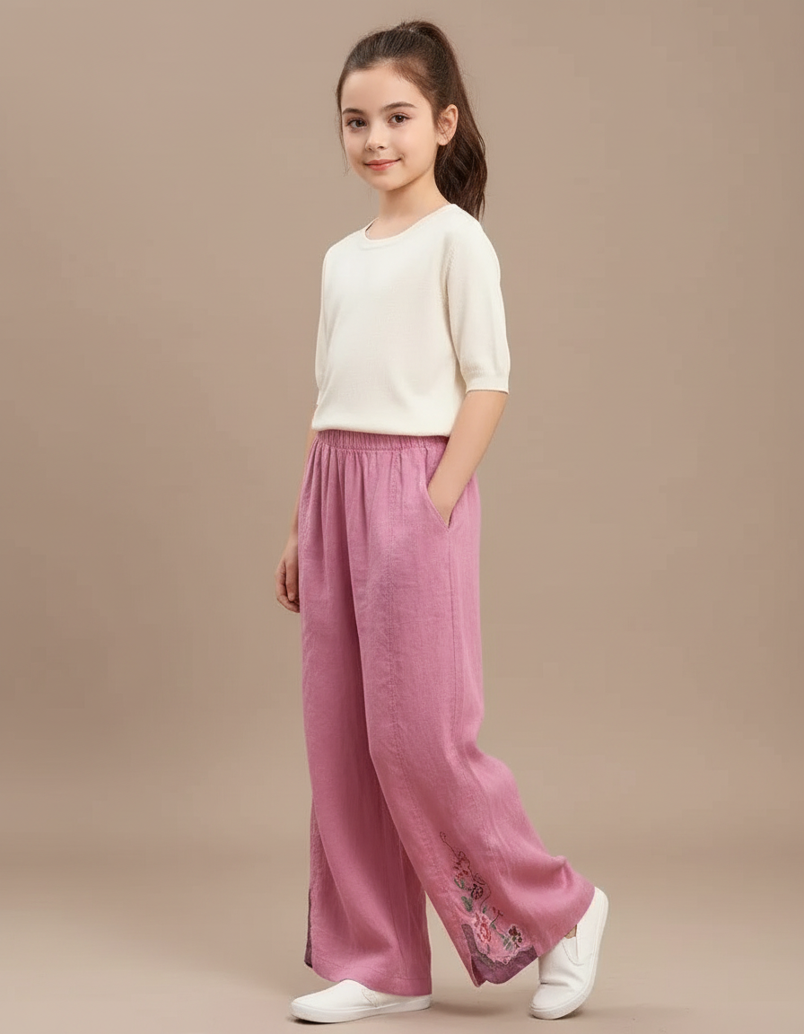 Pantalon Chinois Rose Brodé Lin Ample Fille Décontracté