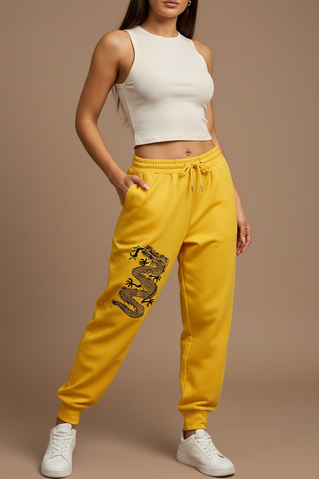 Pantalon Chinois Jaune Dragon Molletonné Ample Confortable