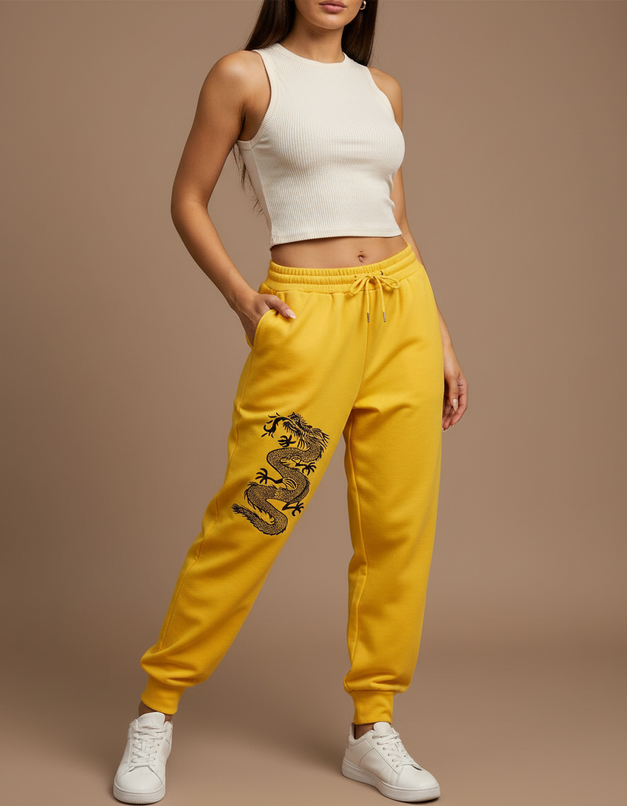 Pantalon Chinois Jaune Dragon Molletonné Ample Confortable