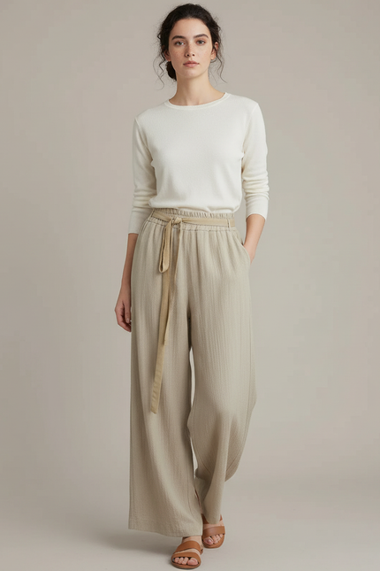 Pantalon Chinois Beige Fluide Ample Ceinturé Casual - Lin