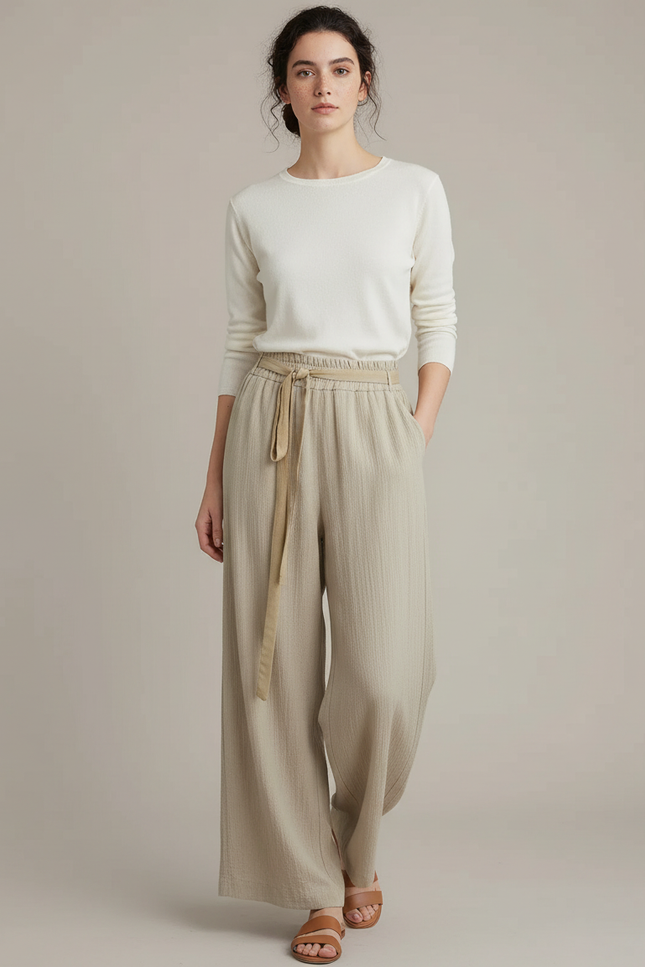 Pantalon Chinois Beige Fluide Ample Ceinturé Casual - Lin