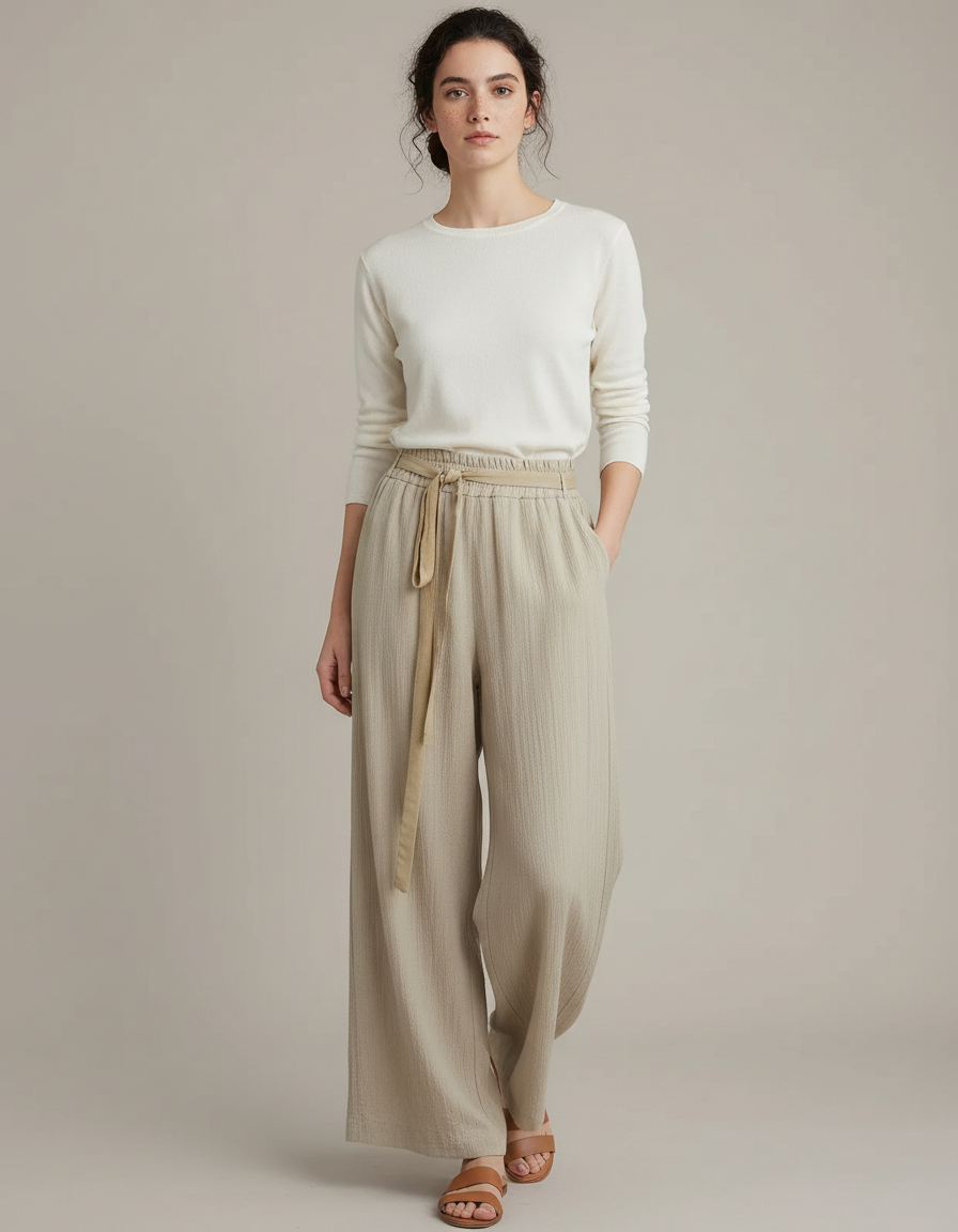 Pantalon Chinois Beige Fluide Ample Ceinturé Casual - Lin