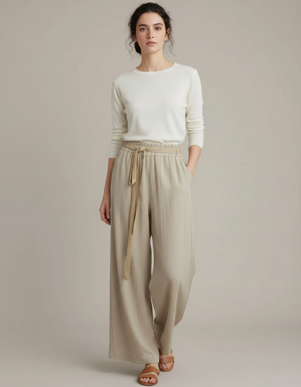 Pantalon Chinois Beige Fluide Ample Ceinturé Casual - Lin