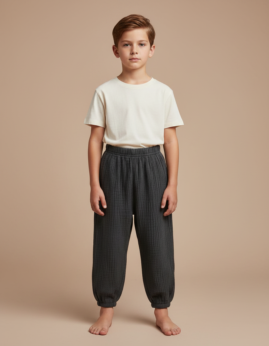 Pantalon Chinois Gris Coton Plissé Ample Enfant