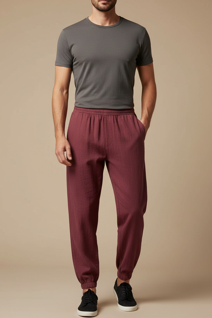 Pantalon Chinois Bordeaux Lin Ample Jogger Homme