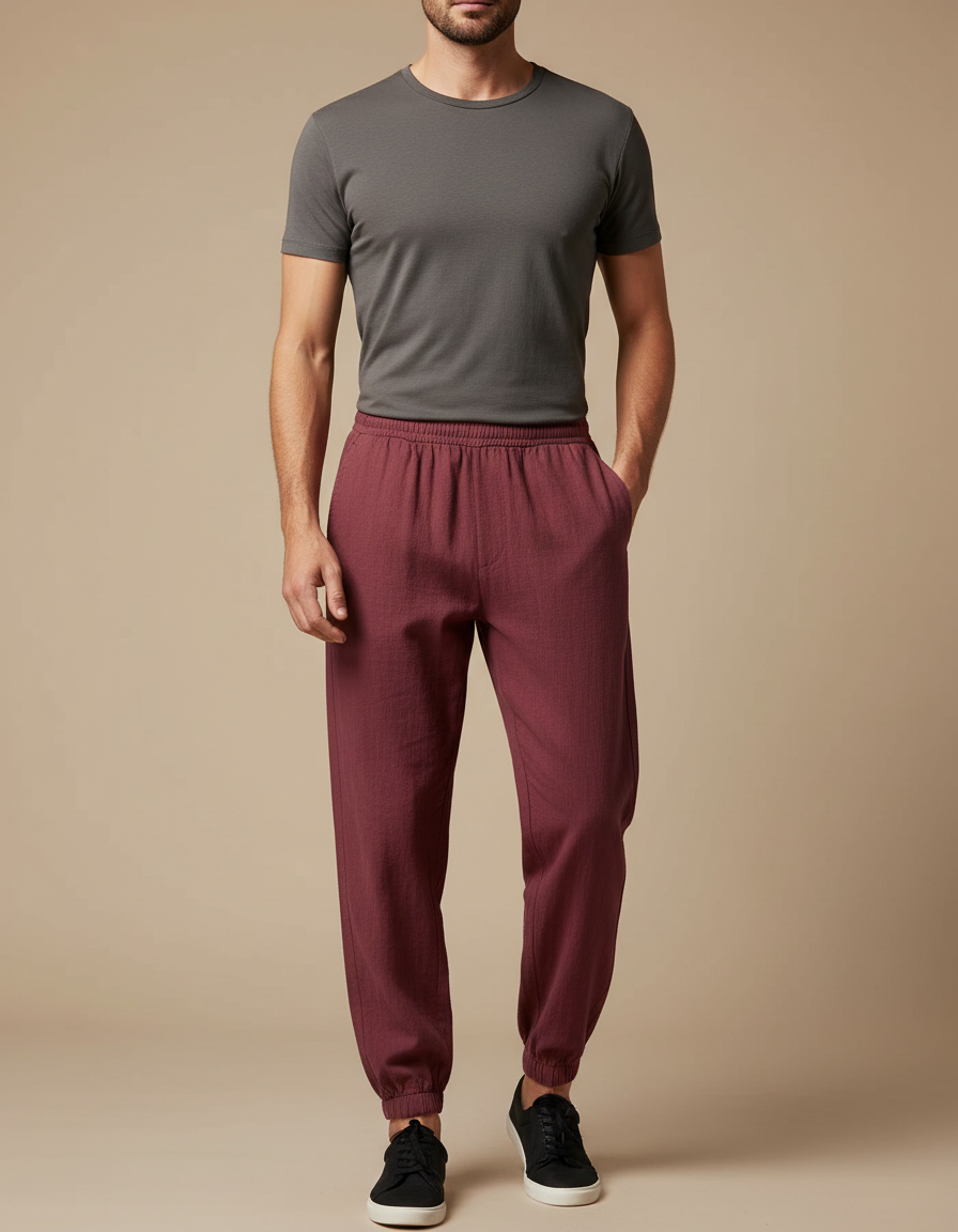 Pantalon Chinois Bordeaux Lin Ample Jogger Homme