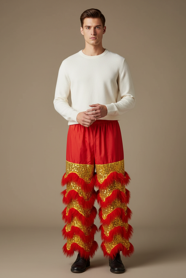Pantalon Chinois Rouge Doré Scintillant Festif Homme - Polyester