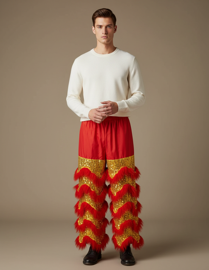Pantalon Chinois Rouge Doré Scintillant Festif Homme - Polyester