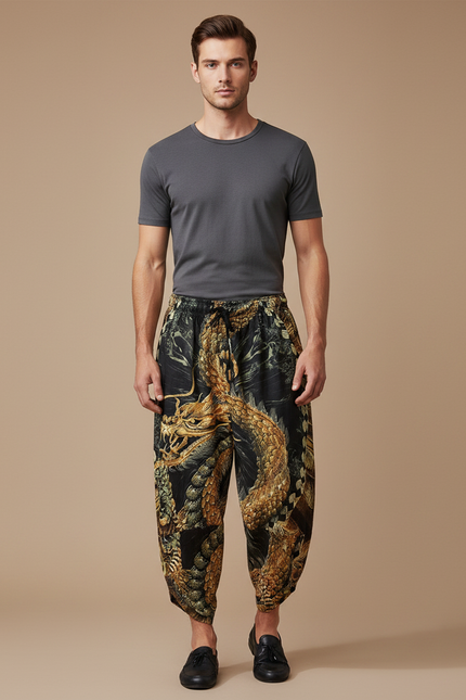 Pantalon Chinois Noir Ample Dragon Doré Imprimé - Viscose