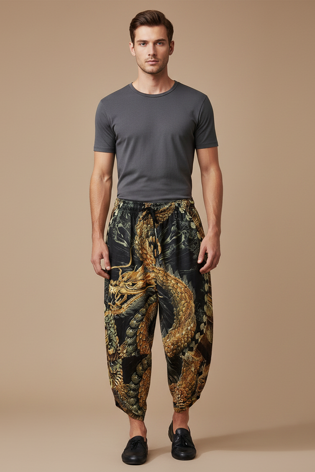 Pantalon Chinois Noir Ample Dragon Doré Imprimé - Viscose