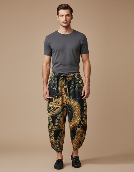 Pantalon Chinois Noir Ample Dragon Doré Imprimé - Viscose