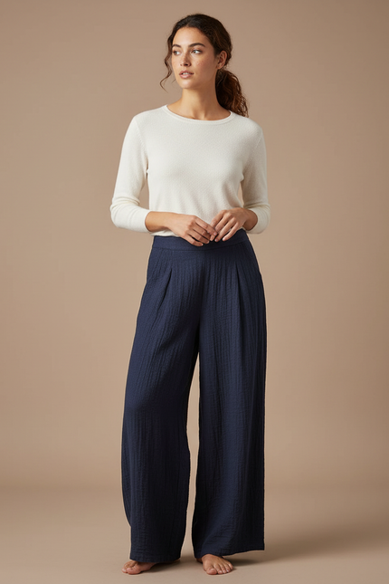 Pantalon Chinois Bleu Marine Plissé Ample Coton