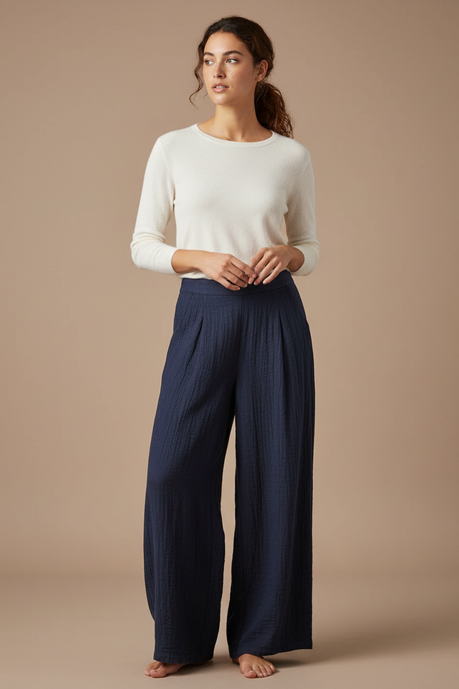 Pantalon Chinois Bleu Marine Plissé Ample Coton