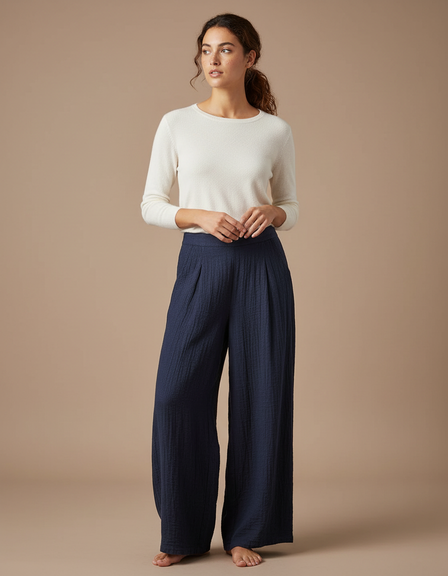 Pantalon Chinois Bleu Marine Plissé Ample Coton