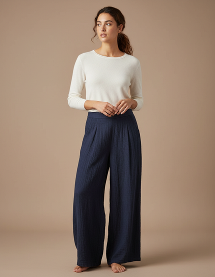 Pantalon Chinois Bleu Marine Plissé Ample Coton