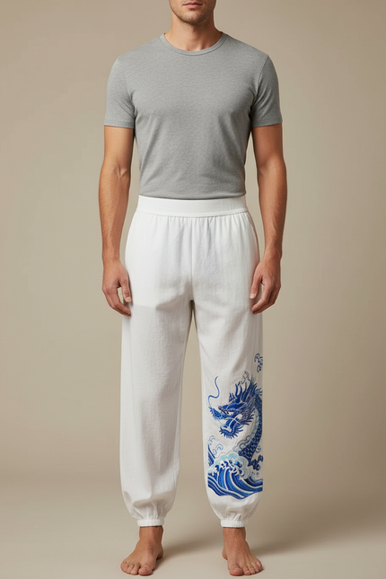 Pantalon Chinois Blanc Ample Brodé Dragon Bleu - Lin