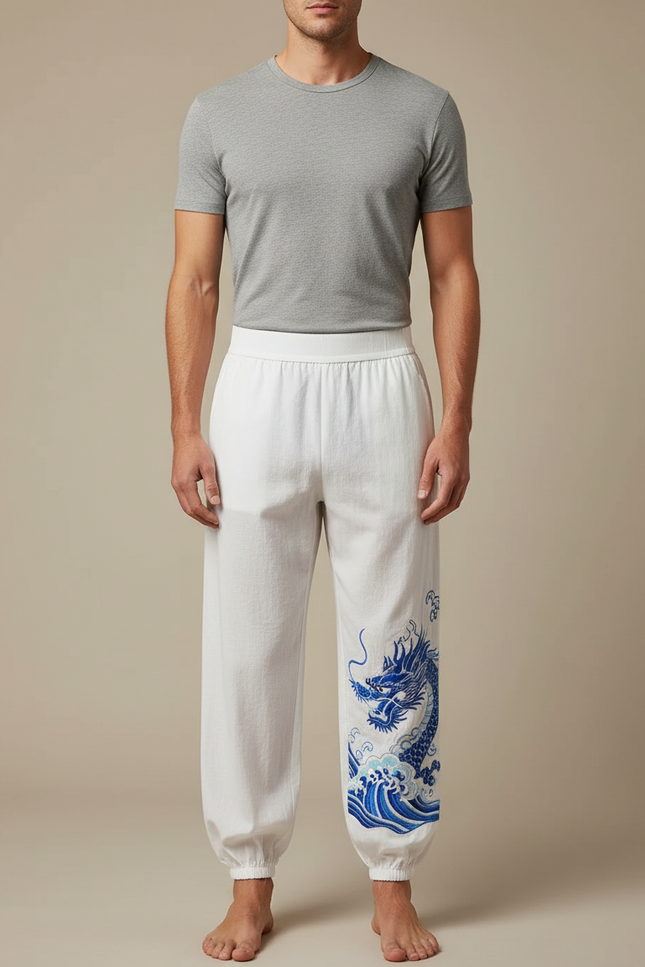 Pantalon Chinois Blanc Ample Brodé Dragon Bleu - Lin