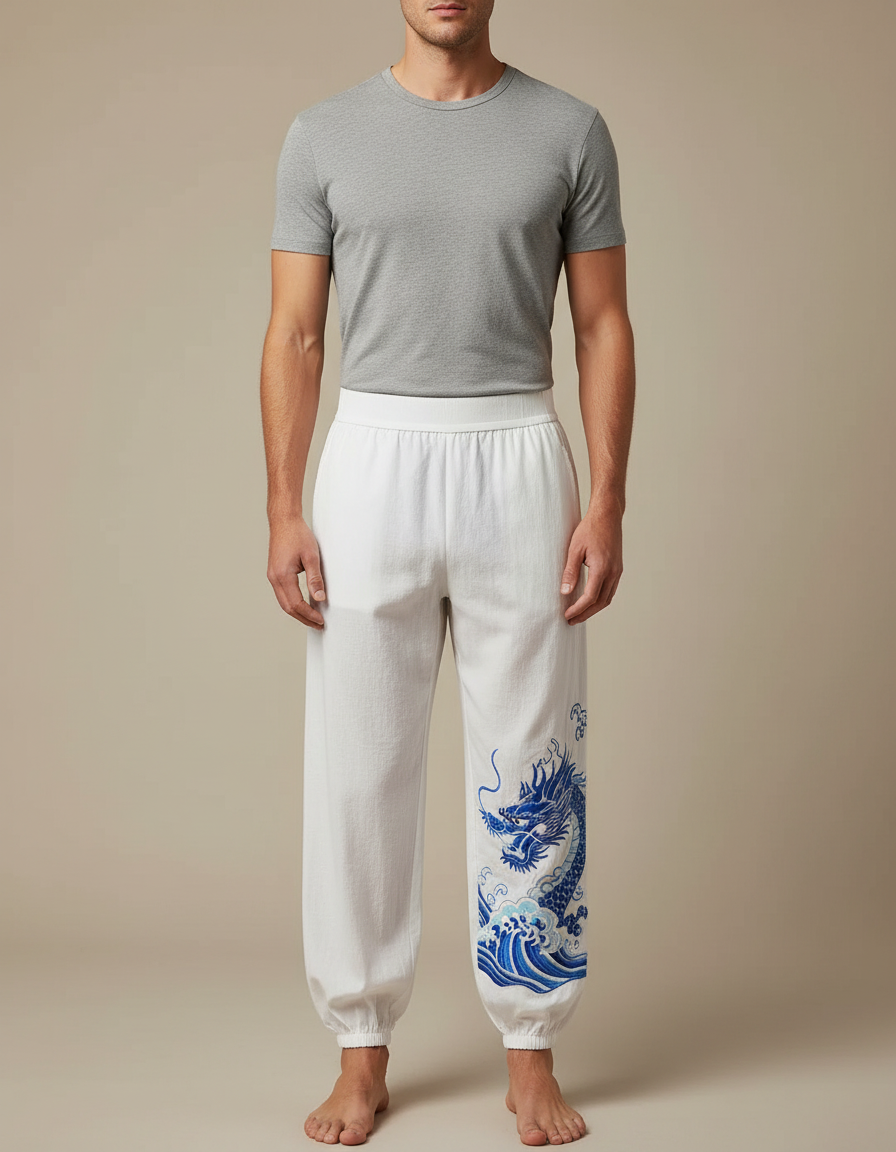 Pantalon Chinois Blanc Ample Brodé Dragon Bleu - Lin