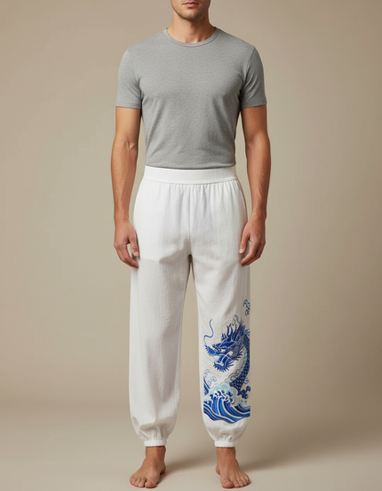 Pantalon Chinois Blanc Ample Brodé Dragon Bleu - Lin