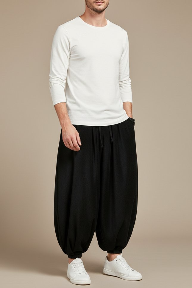 Pantalon Chinois Noir Ample Harem Homme Décontracté - Coton