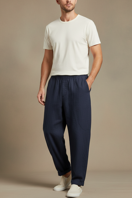 Pantalon Chinois Bleu Marine Lin Harem Confortable Homme