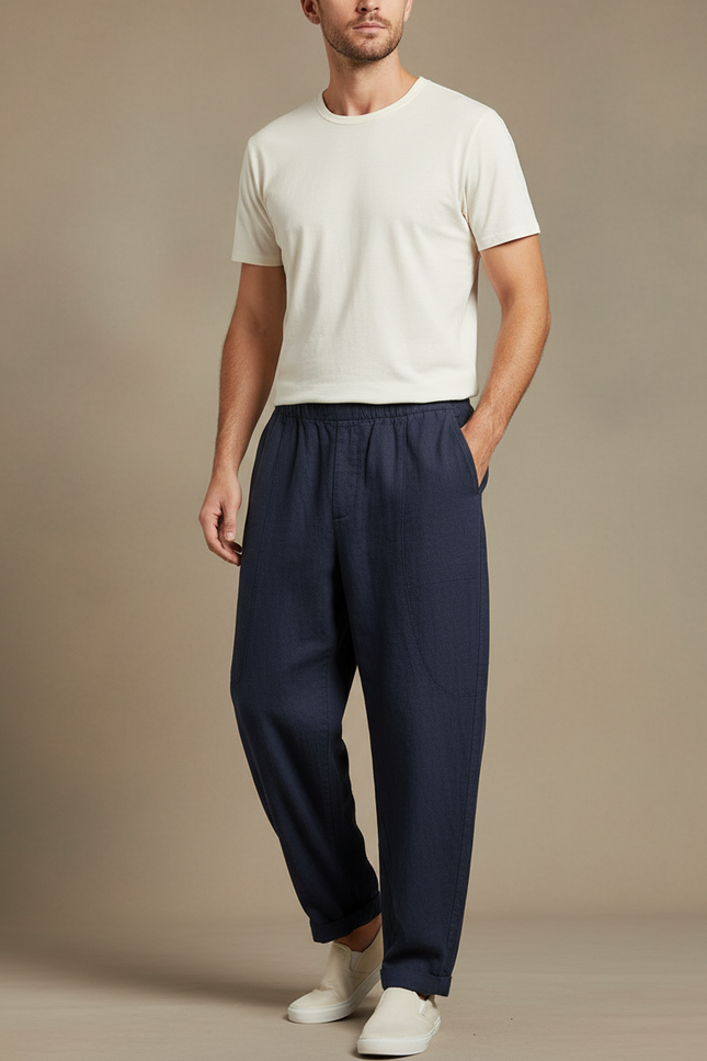Pantalon Chinois Bleu Marine Lin Harem Confortable Homme