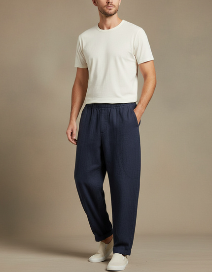 Pantalon Chinois Bleu Marine Lin Harem Confortable Homme