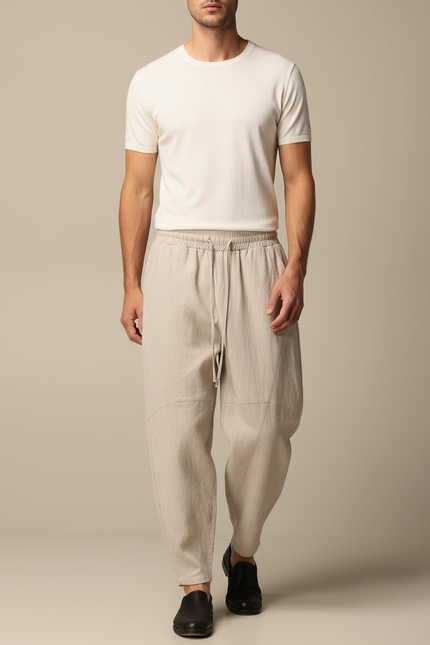Pantalon Chinois Lin Ample Harem Beige Décontracté