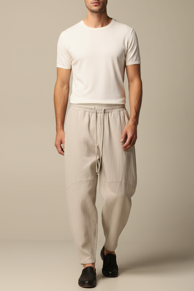 Pantalon Chinois Lin Ample Harem Beige Décontracté