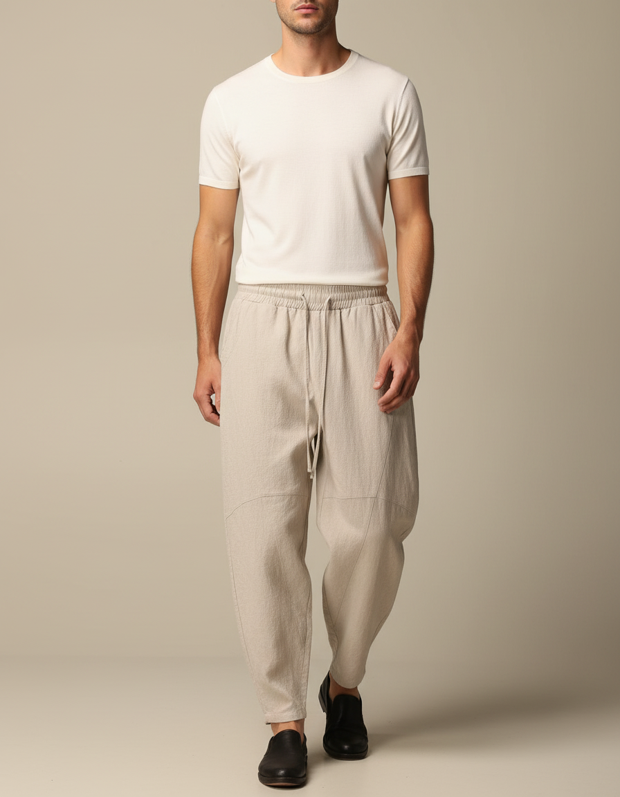 Pantalon Chinois Lin Ample Harem Beige Décontracté