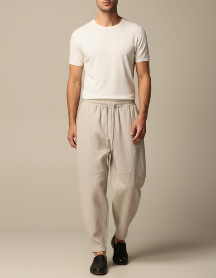 Pantalon Chinois Lin Ample Harem Beige Décontracté