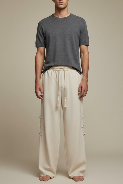 Pantalon Chinois Crème Ample Tassels Boutons Décontracté - Beige Lin