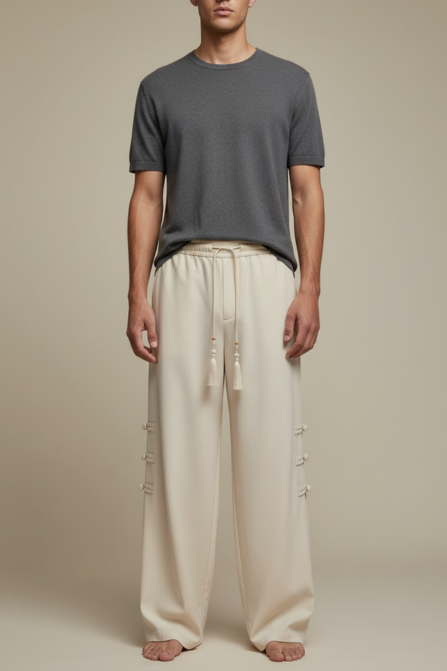 Pantalon Chinois Crème Ample Tassels Boutons Décontracté - Beige Lin